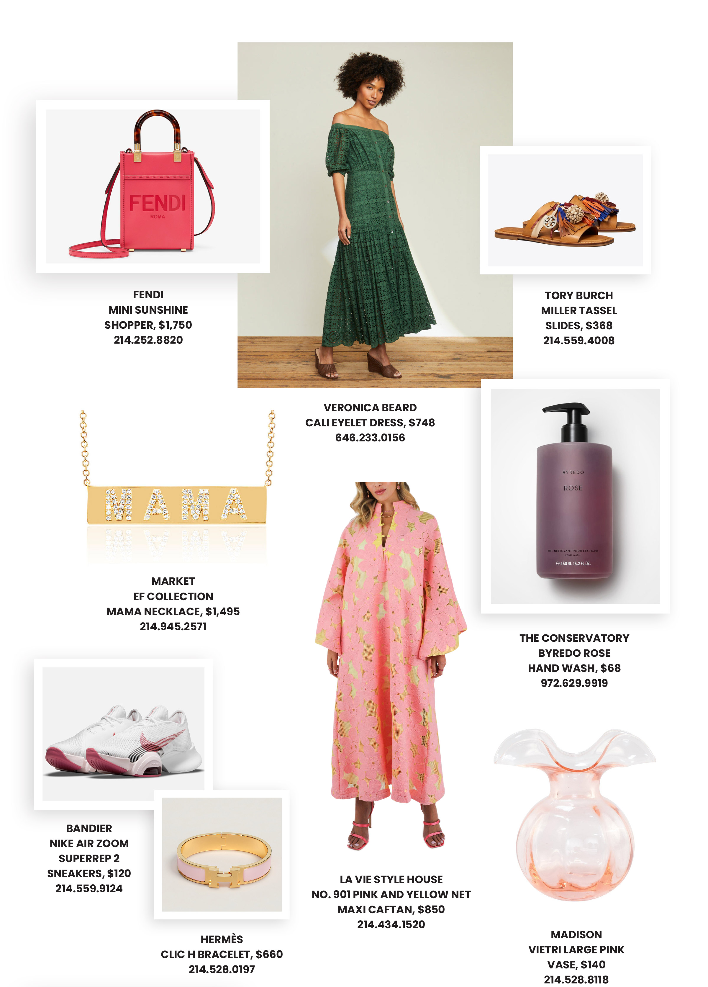 母親節禮物創意拼貼，包括來自 Highland Park Village 品牌的連衣裙、手提包、鞋子、珠寶和美容產品
