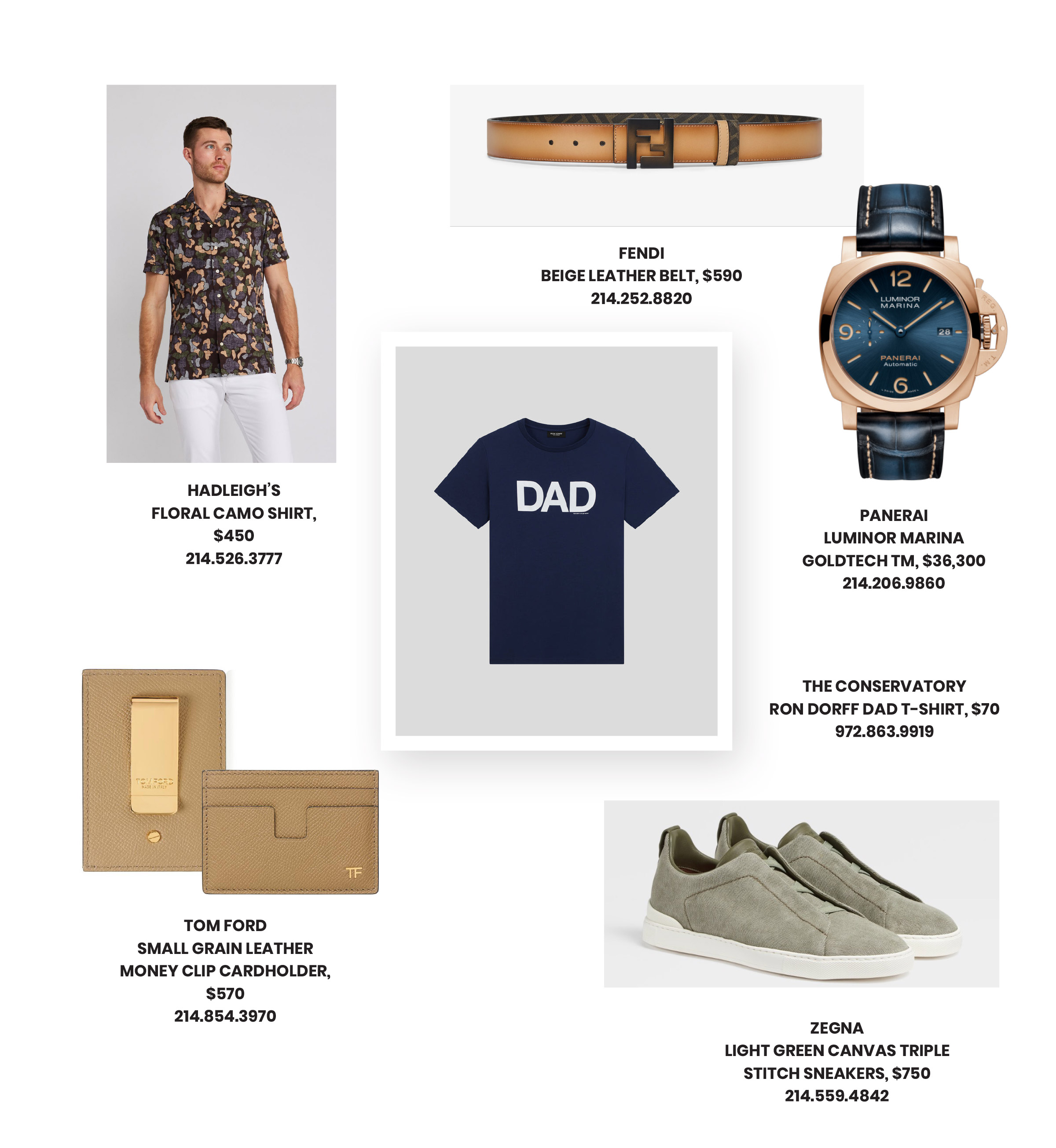 Father’s Day Gifts featuring Hadleigh’s camo shirt, Fendi belt, Panerai watch, and dad shirt