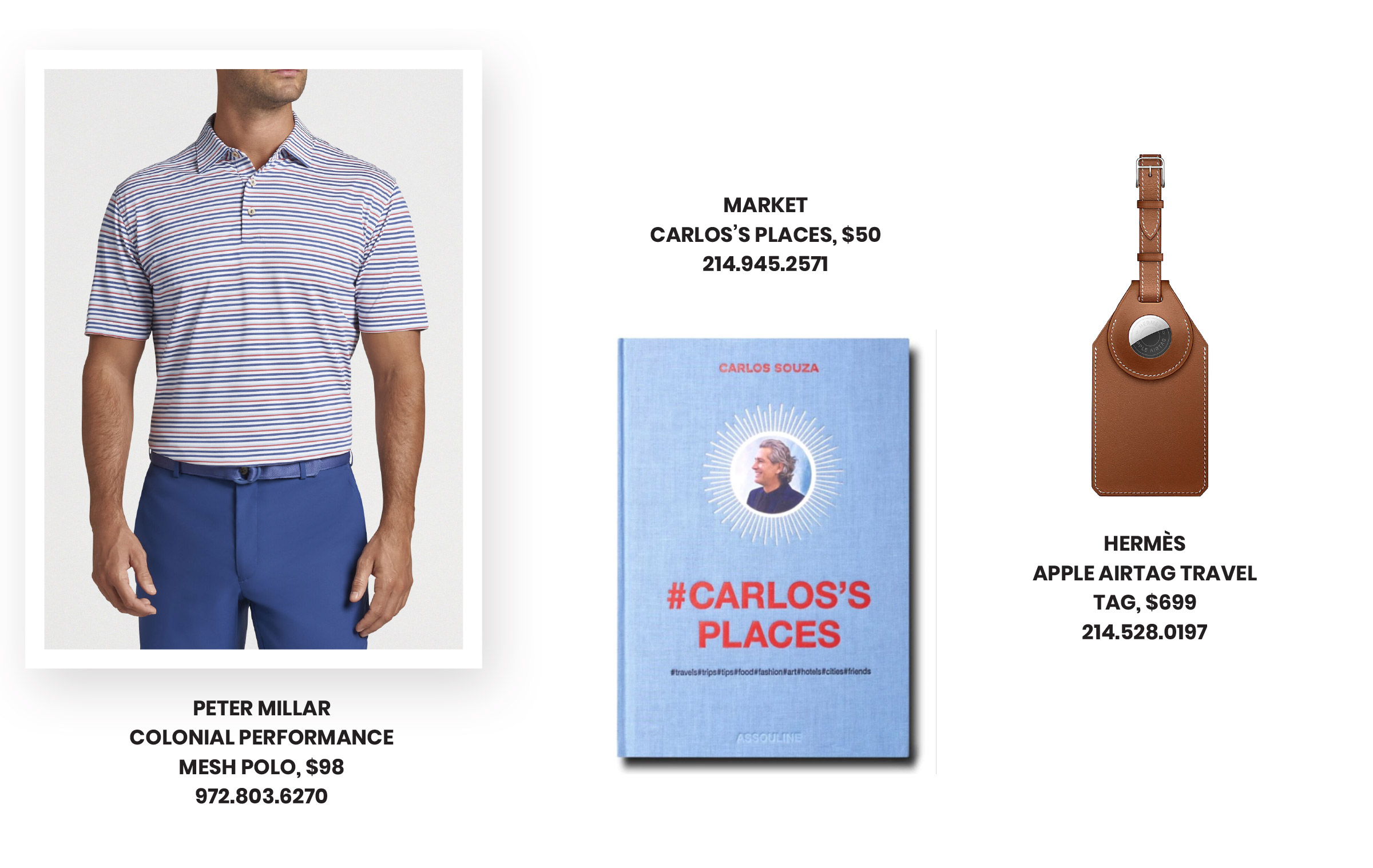 Father’s Day Gifts featuring Peter Millar golf polo, Market coffee table book, and Hermes Apple Airtag tag