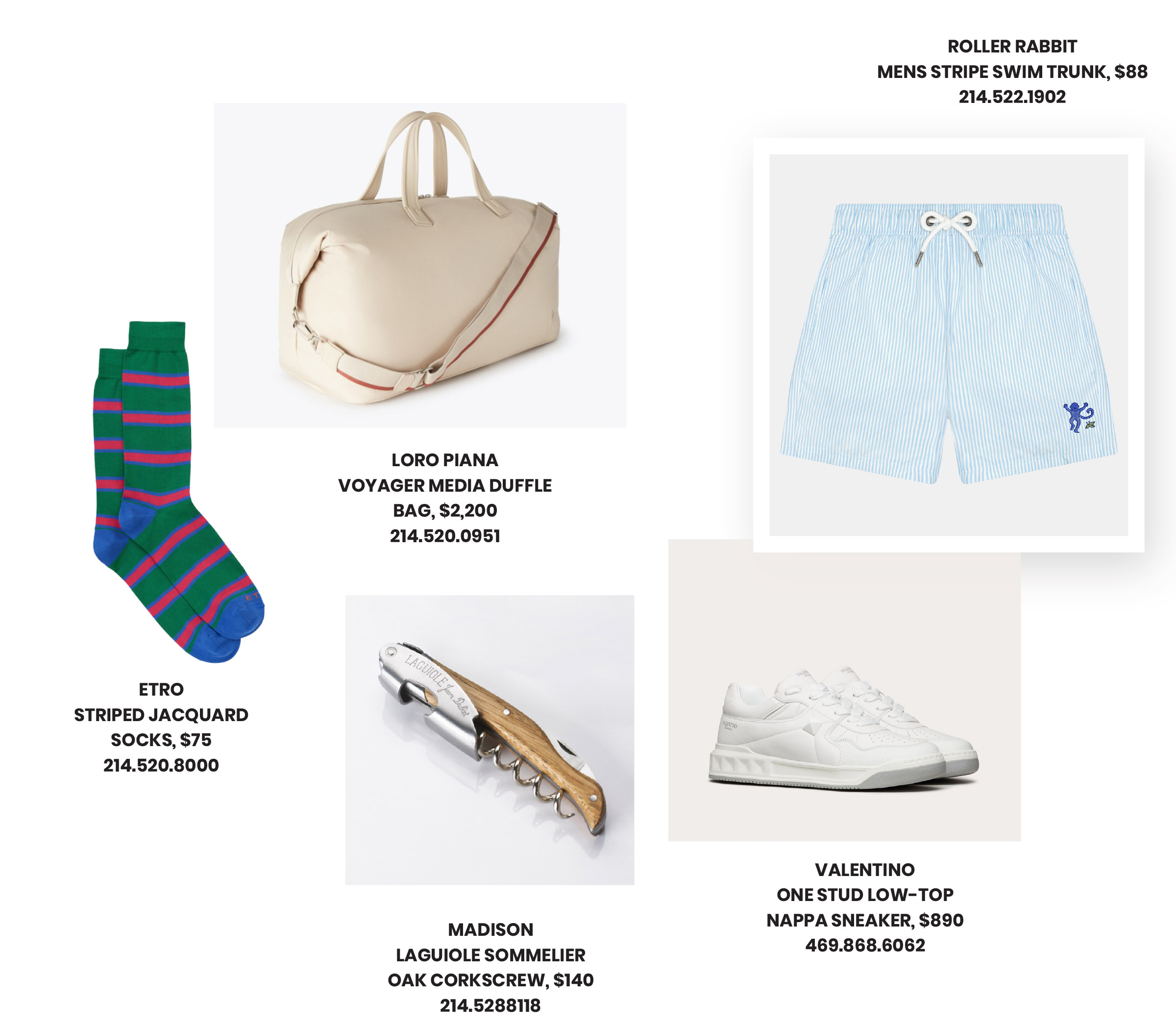 Father’s Day Gifts featuring Loro Piana duffle, Roller Rabbit swim trunks, and Valentino One Stud sneakers