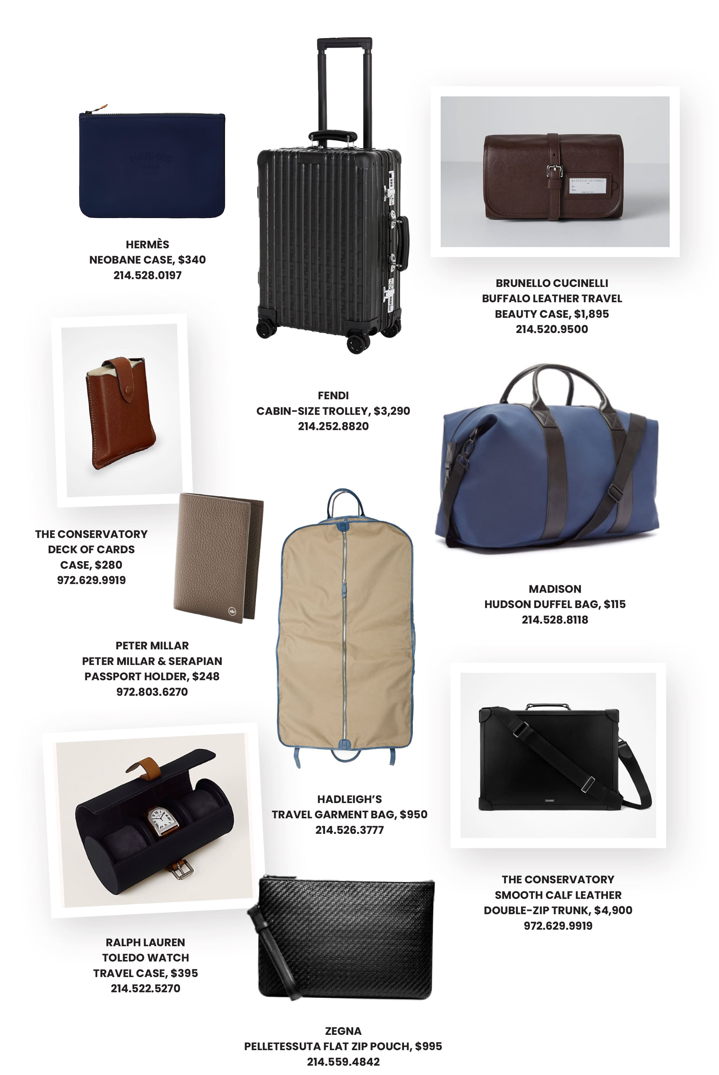 Básicos de viaje para él con una maleta Fendi, un portatrajes de Hadleigh, una bolsa de lona de diseño y una funda para pasaporte de Peter Millar.