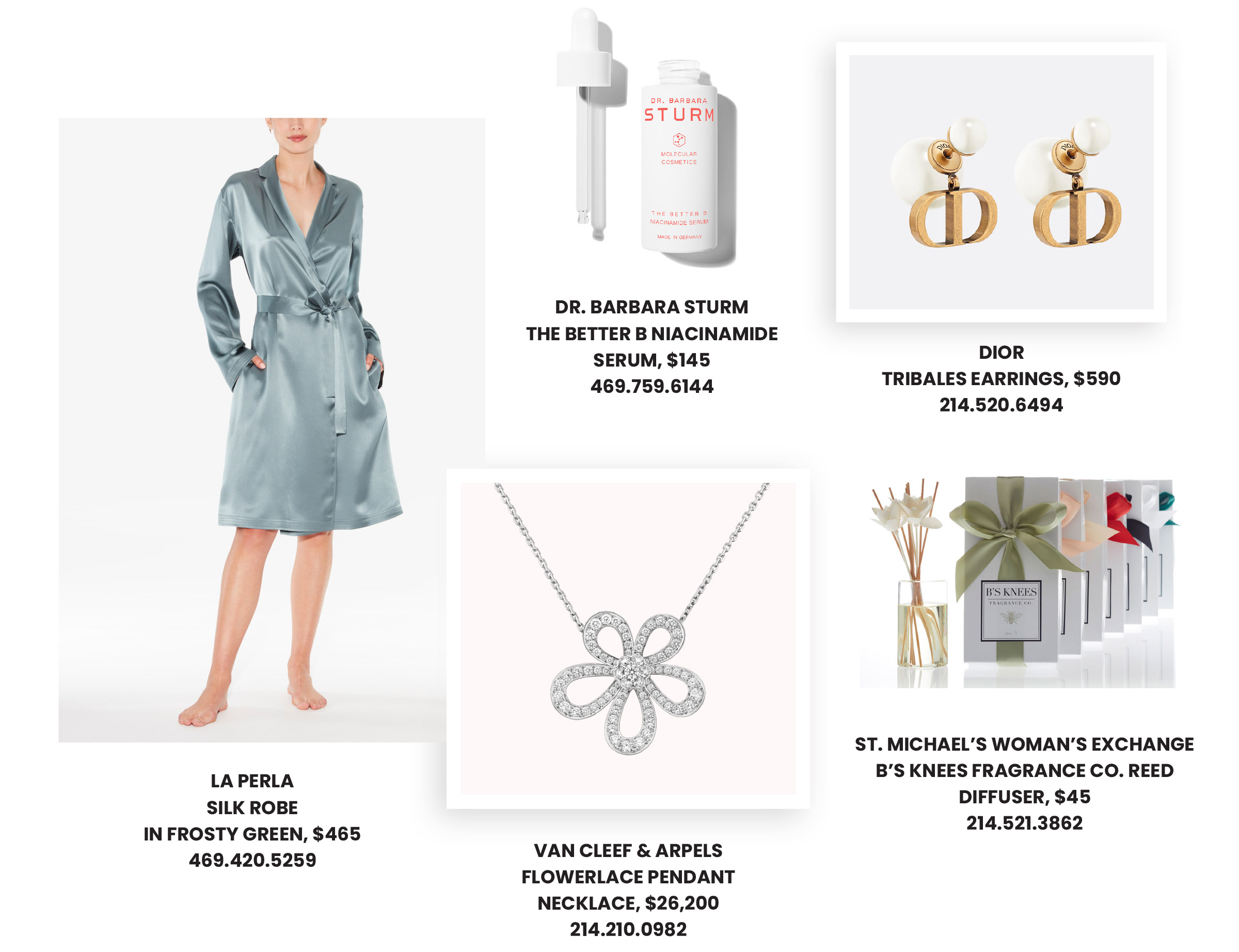 Collage of Mother’s Day gift ideas featuring dresses, handbags, shoes, jewelry and beauty from Highland Park Village brands