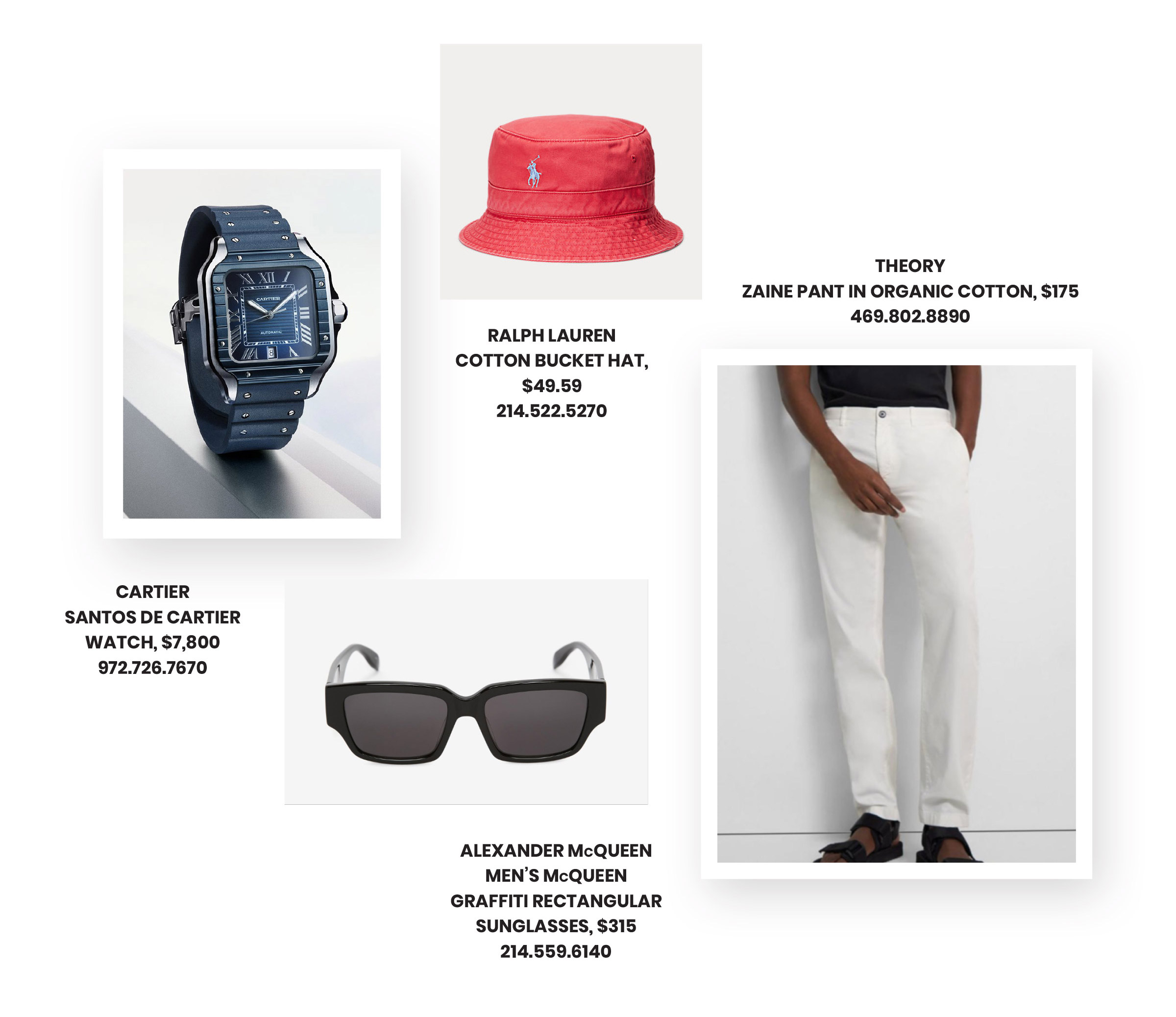 Father’s Day Gifts featuring Cartier watch, Ralph Lauren bucket hat, and Theory Zaine pants