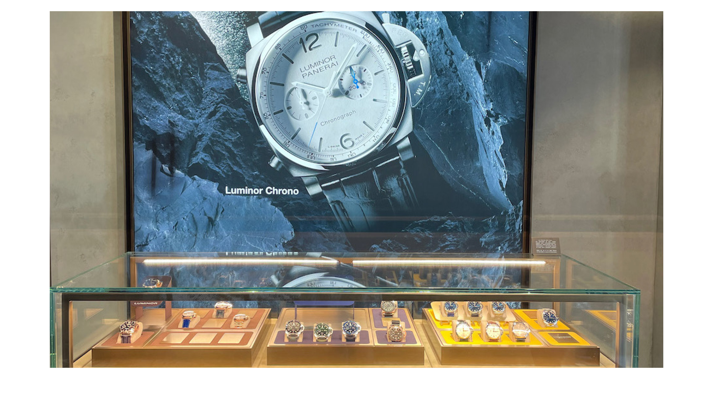 Panerai watch display case showcasing Luminor