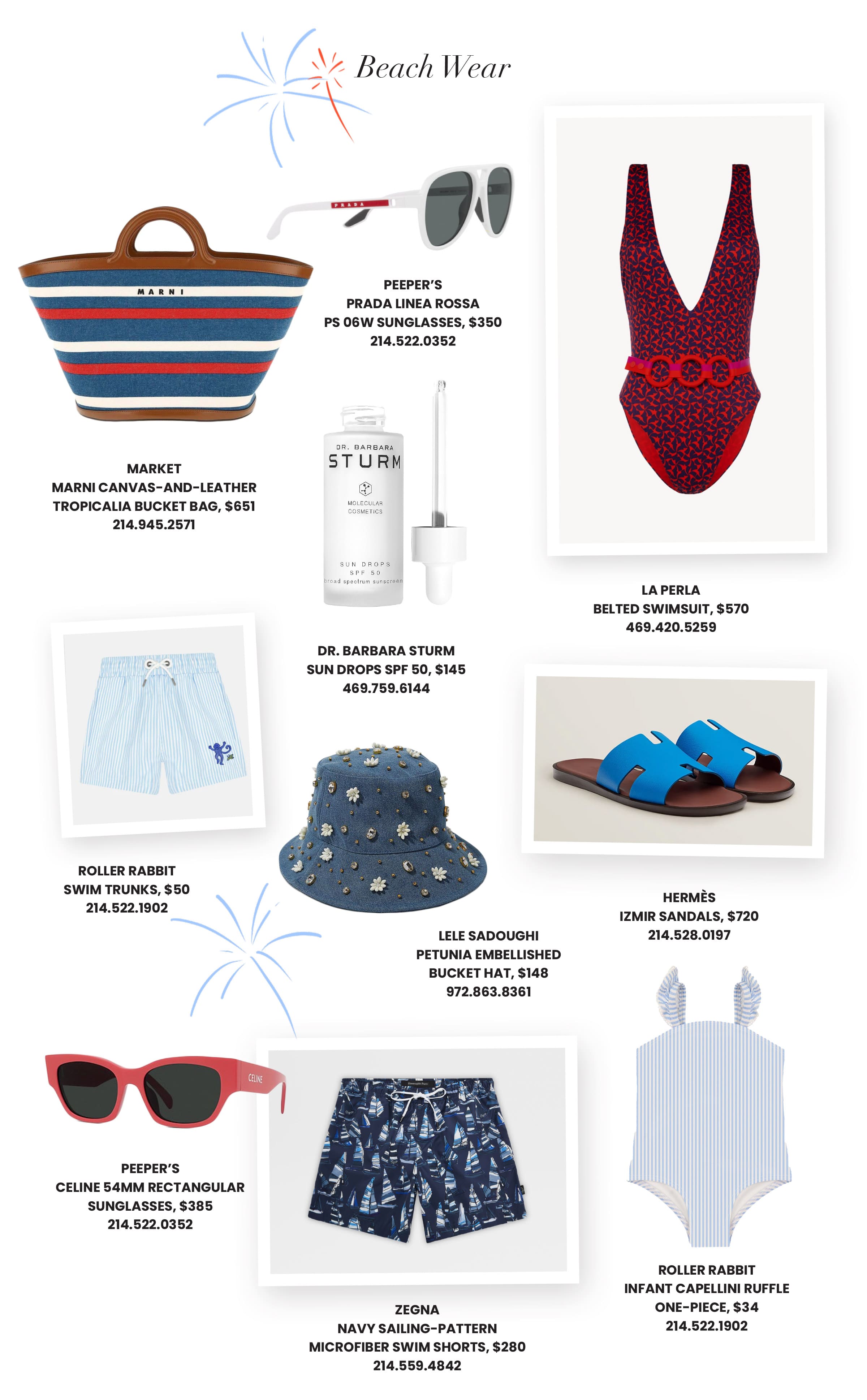 Fourth of July beach wear featuring swimsuits, sunglasses, hats, and sandals
