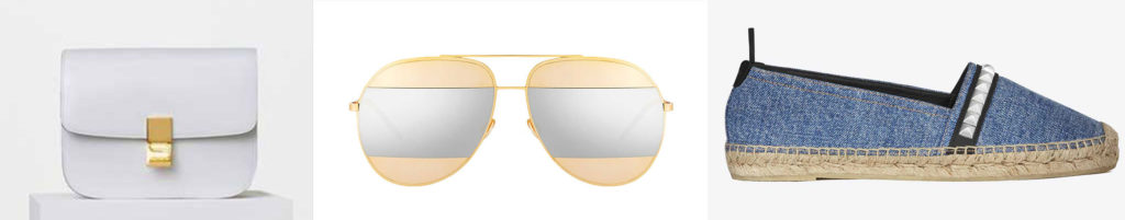 Celine shoulder bag; Dior sunglasses; YSL espadrille, $445.