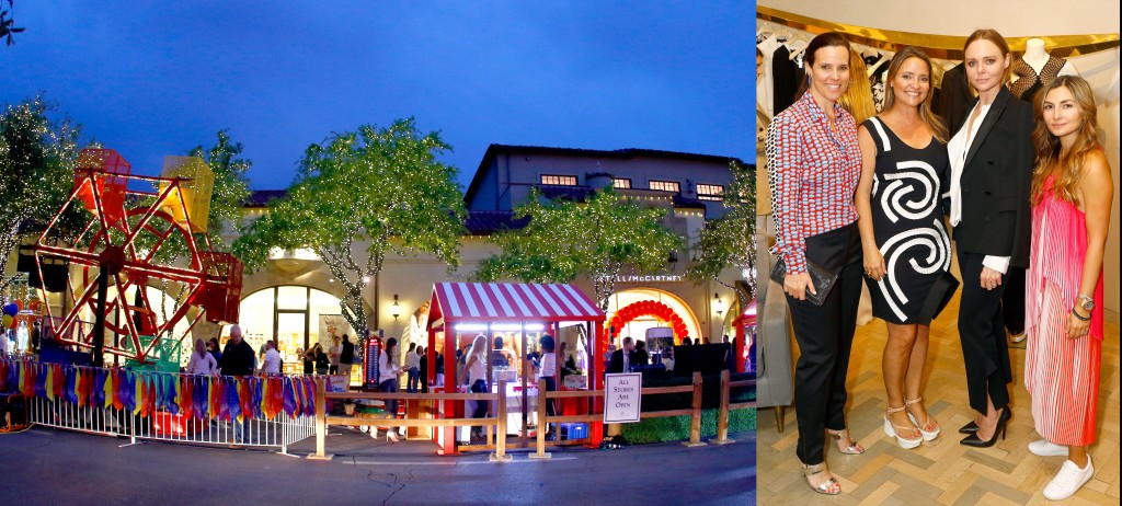 (Left) The ferris wheel and carnival light up the sky outside the Stella McCartney store. (Right) The night's hosts, Heather Washburne, Elisa Summers and Nasiba Adilova Mackie, pictured with designer Stella McCartney at center right.